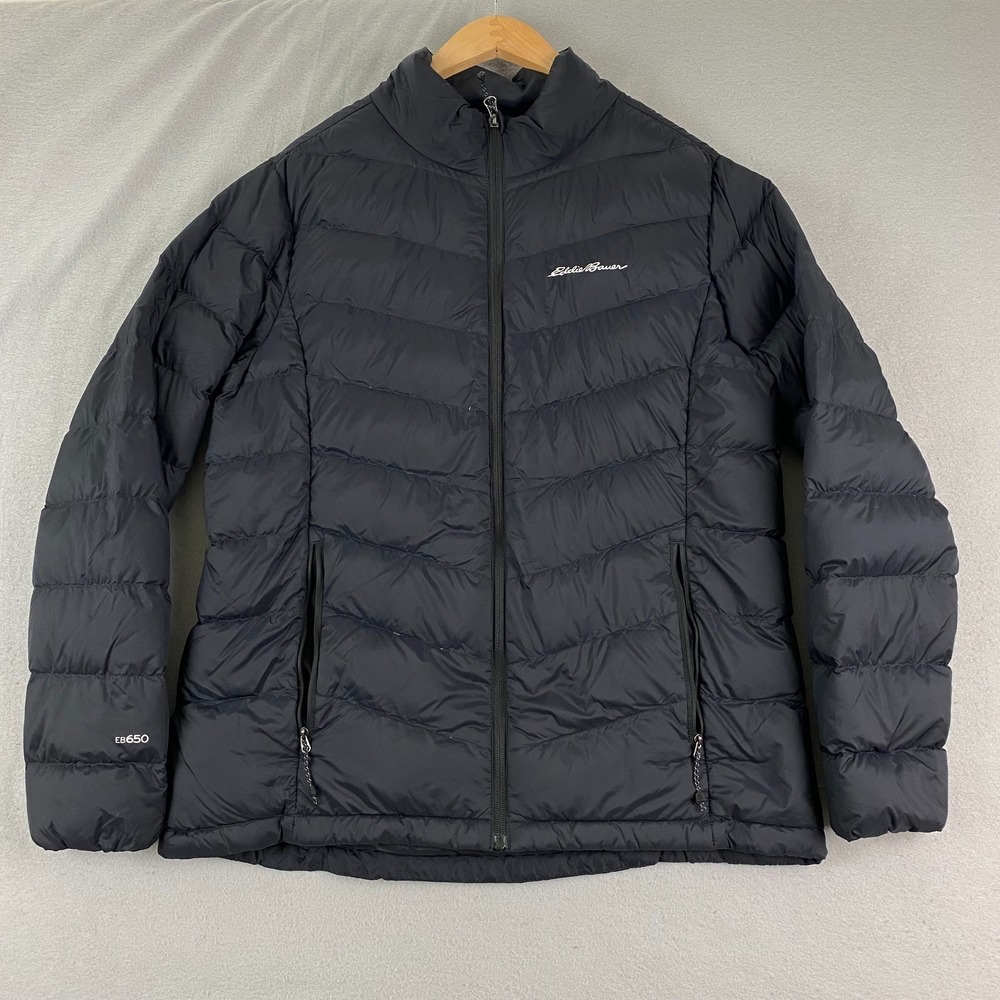 Eddie Bauer women Jacket Large Down Puffer Hooded EB 650 Black - Picture 1 of 13